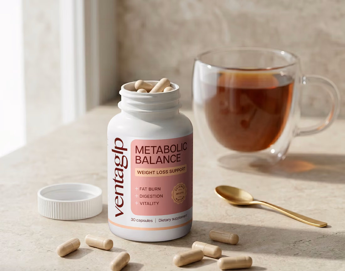 Flacon de Venta GLP ouvert avec des gélules, une tasse de thé et une cuillère dorée
